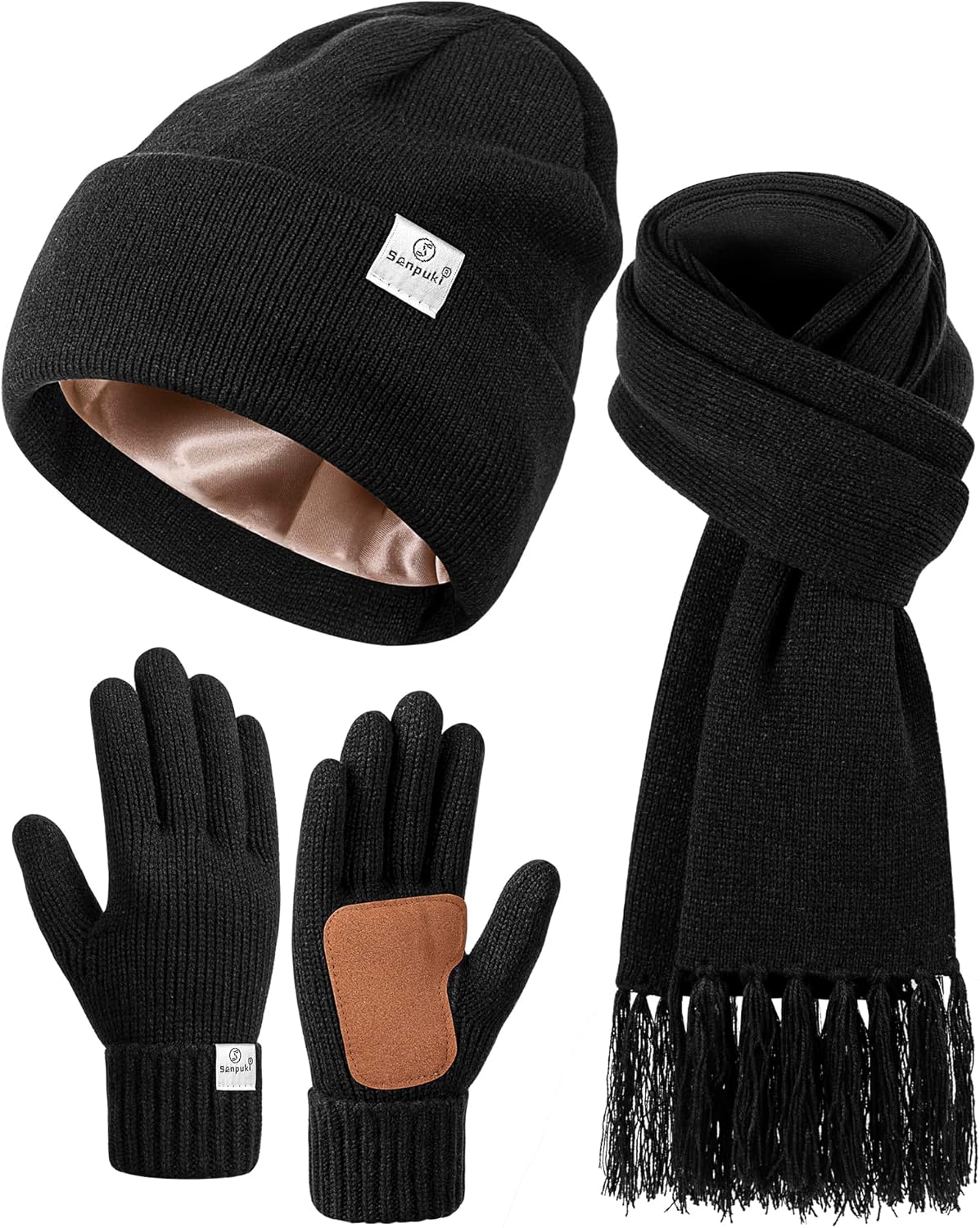 Womens Satin Lined Beanie Scarf Gloves Set, Silk Lined Winter Hats Knit Scarf To...