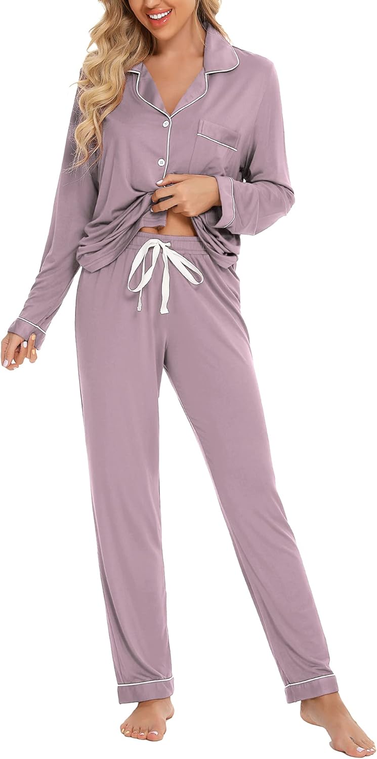Anjue Pajamas for Women Soft Button Up Pajama Set Long Sleeve Shirt and Pajama P...