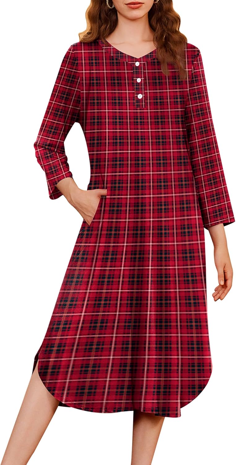 Ekouaer Womens Long Nightgowns Plaid Sleepwear Soft Loose Nightshirt 3/4 Sleeve...