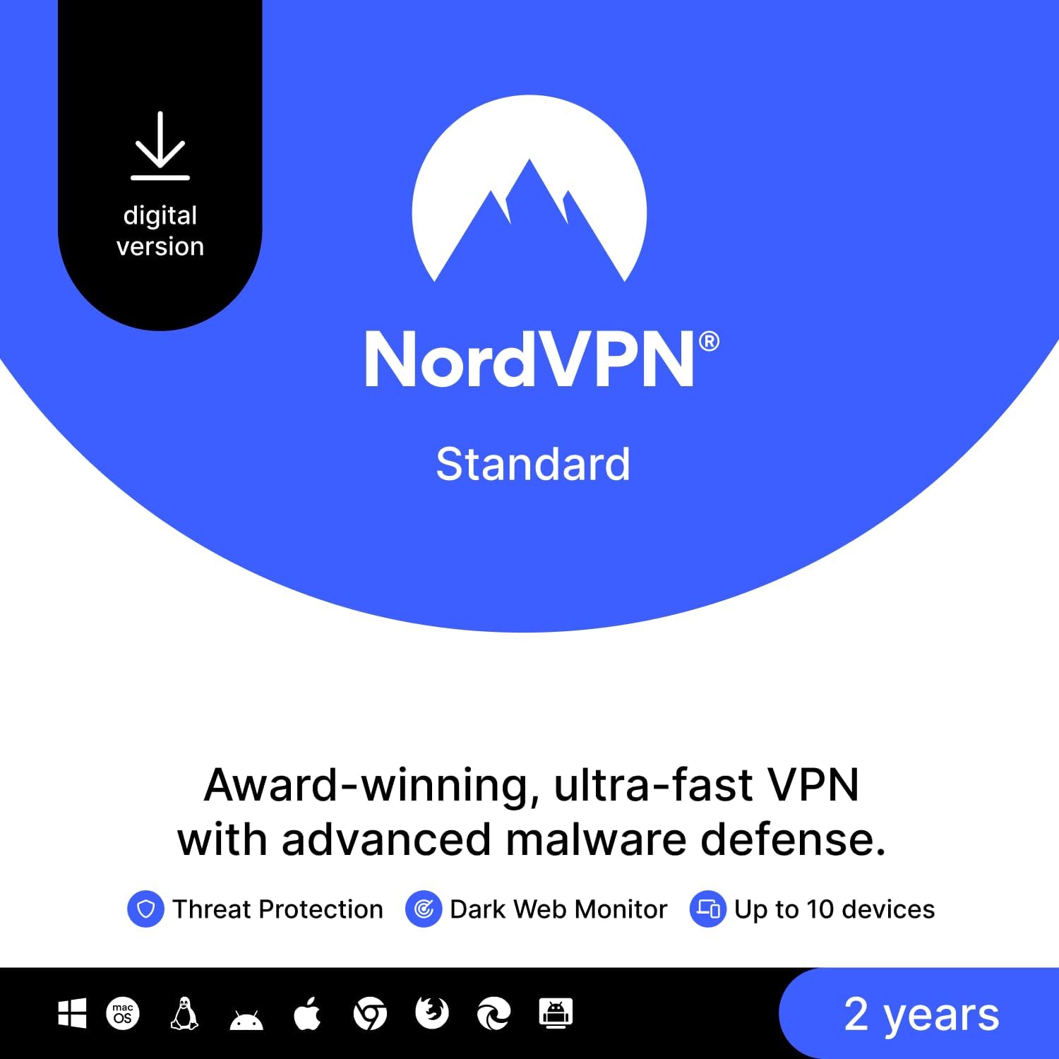 NordVPN Standard – 2-Year - VPN & Cybersecurity Software For 10 Devices – Block...