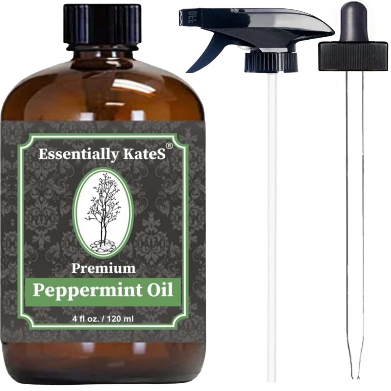 Peppermint Essential Oil 4 oz. with Huge Glass Bottle, Glass Dropper, and Spraye...