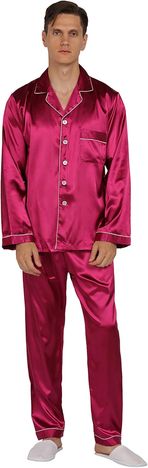 YIMANIE Mens Satin Pajamas Set Classic Short Sleeved and Long Pants Sleepwear Lo...