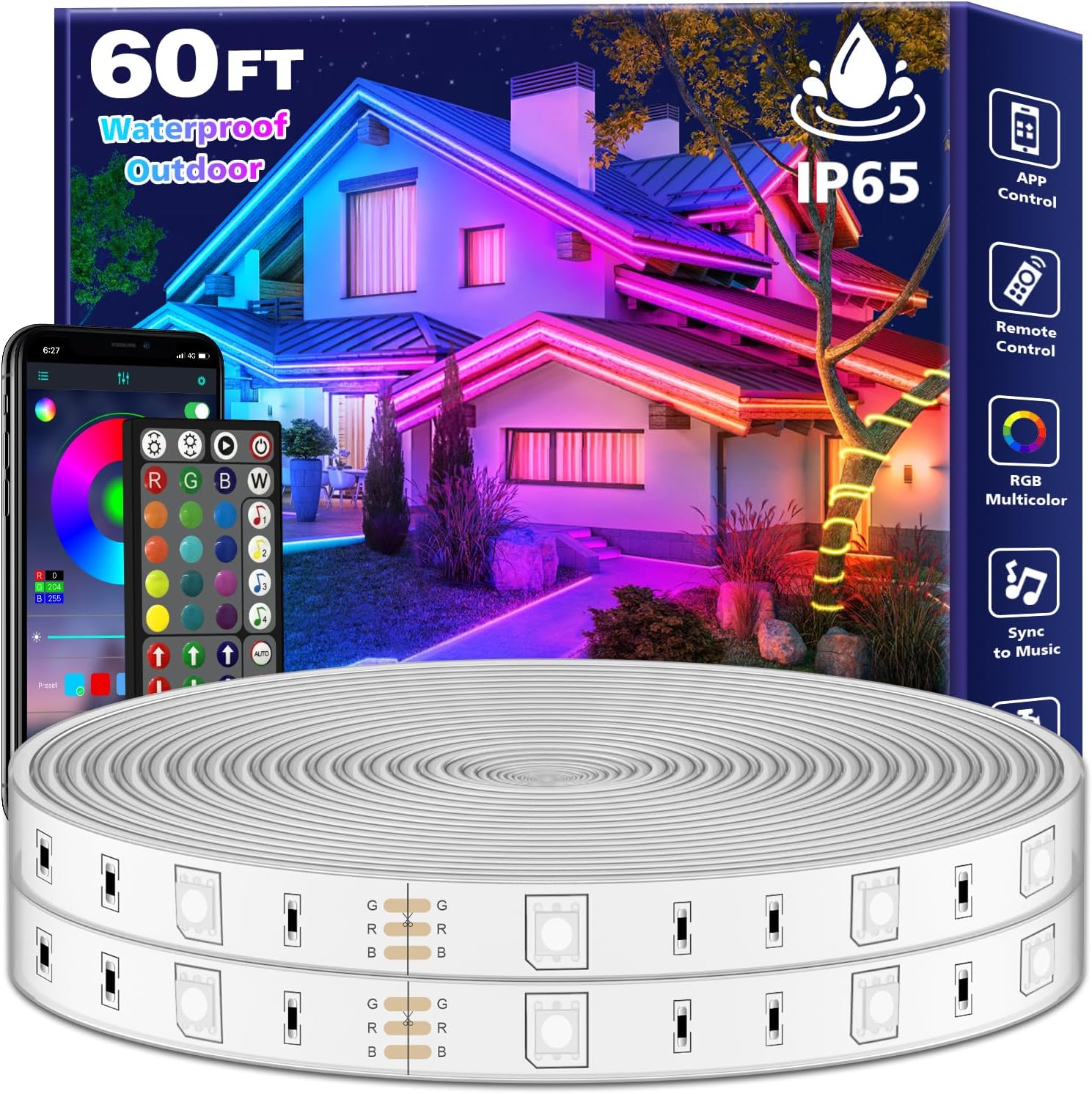 60Ft Outdoor Waterproof LED Strip Lights,Music Sync RGB IP65 Led Lights with App...