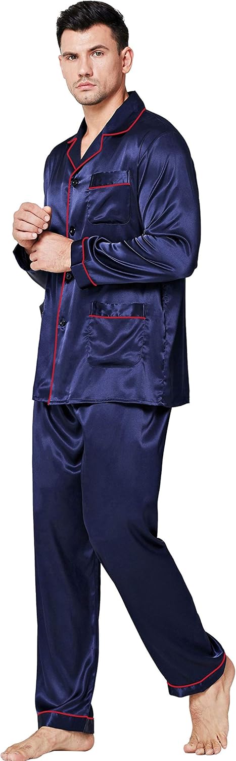 Lonxu Pajamas Set Mens Silk Satin Pajamas Long Sleeve Loungewear Two-Piece Sleep...