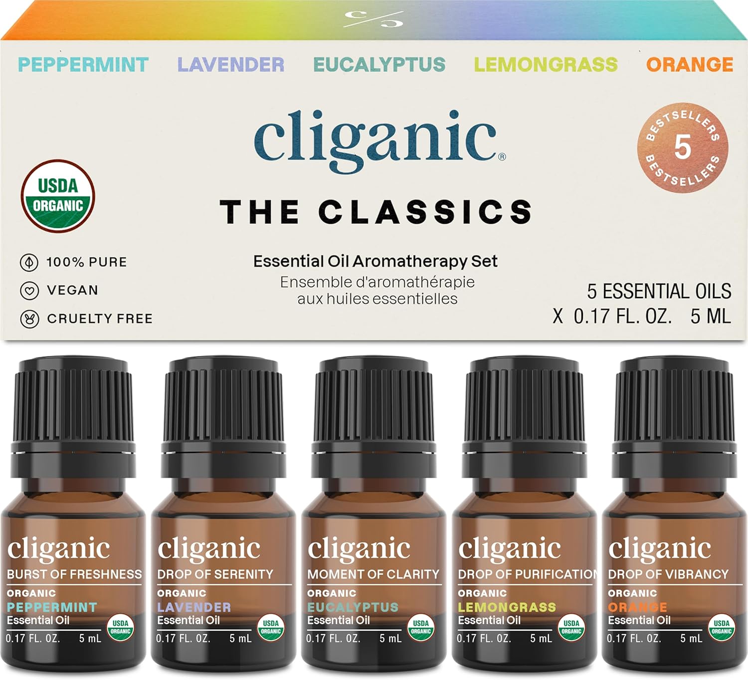 Cliganic Organic Essential Oils Set (Top 5) - 100% Pure Natural - Aromatherapy,...