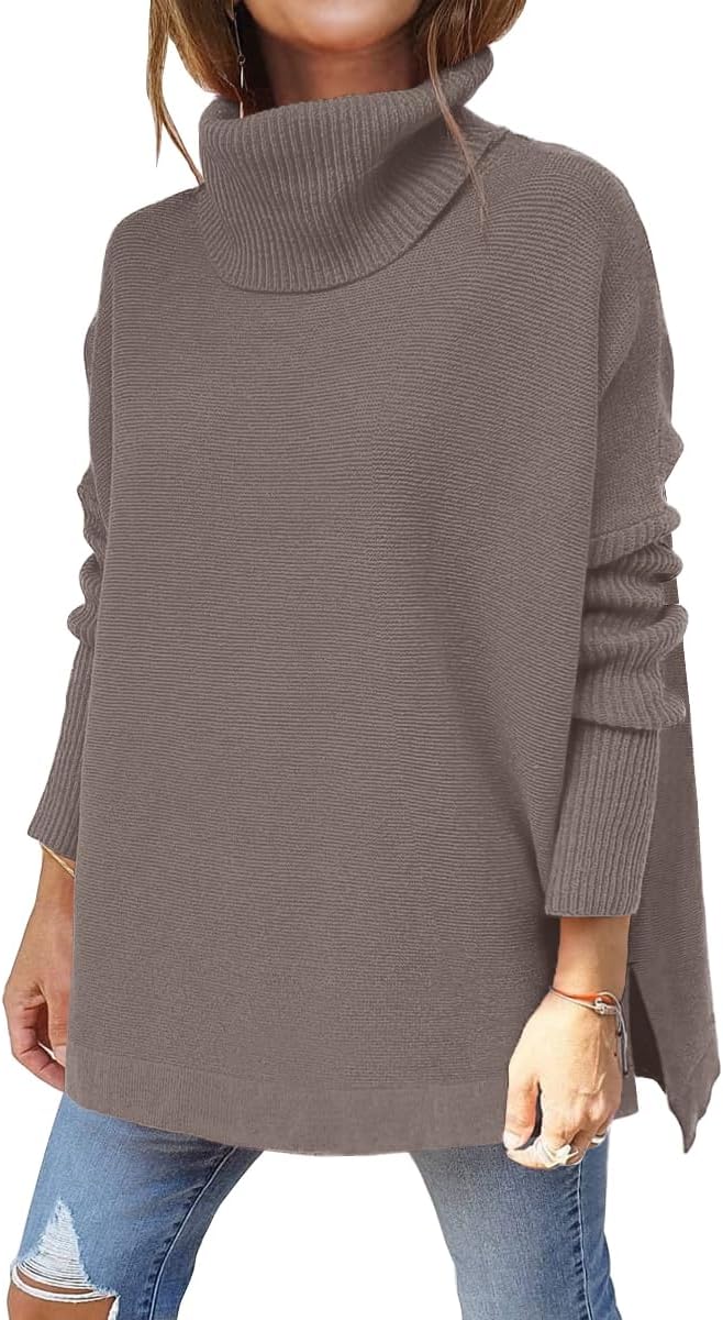 LILLUSORY Women's Turtleneck Oversized Sweaters Long Batwing Sleeve Spilt Hem Tu...