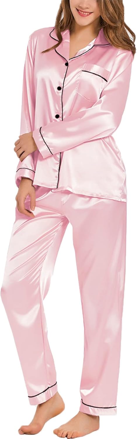 SWOMOG Women's Pyjama Set Silk Satin Long Sleeve Button Down Pyjamas Two Piece C...