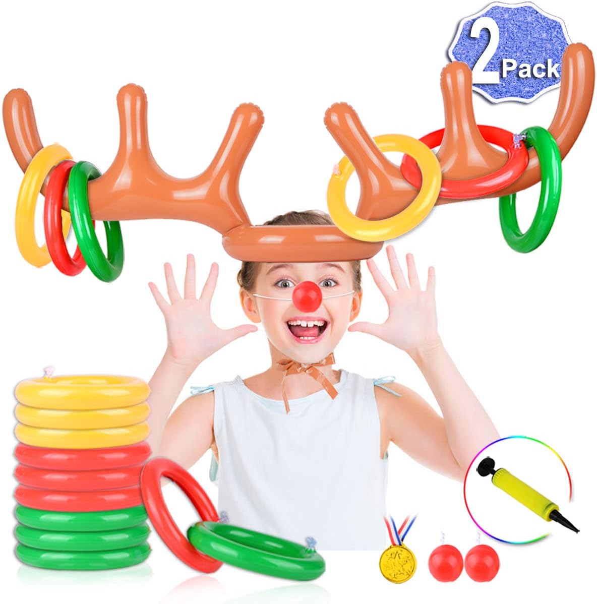 2 Set Inflatable Reindeer Antler Game (2 Reindeer Antler Hat with 12 Ring Toss,...