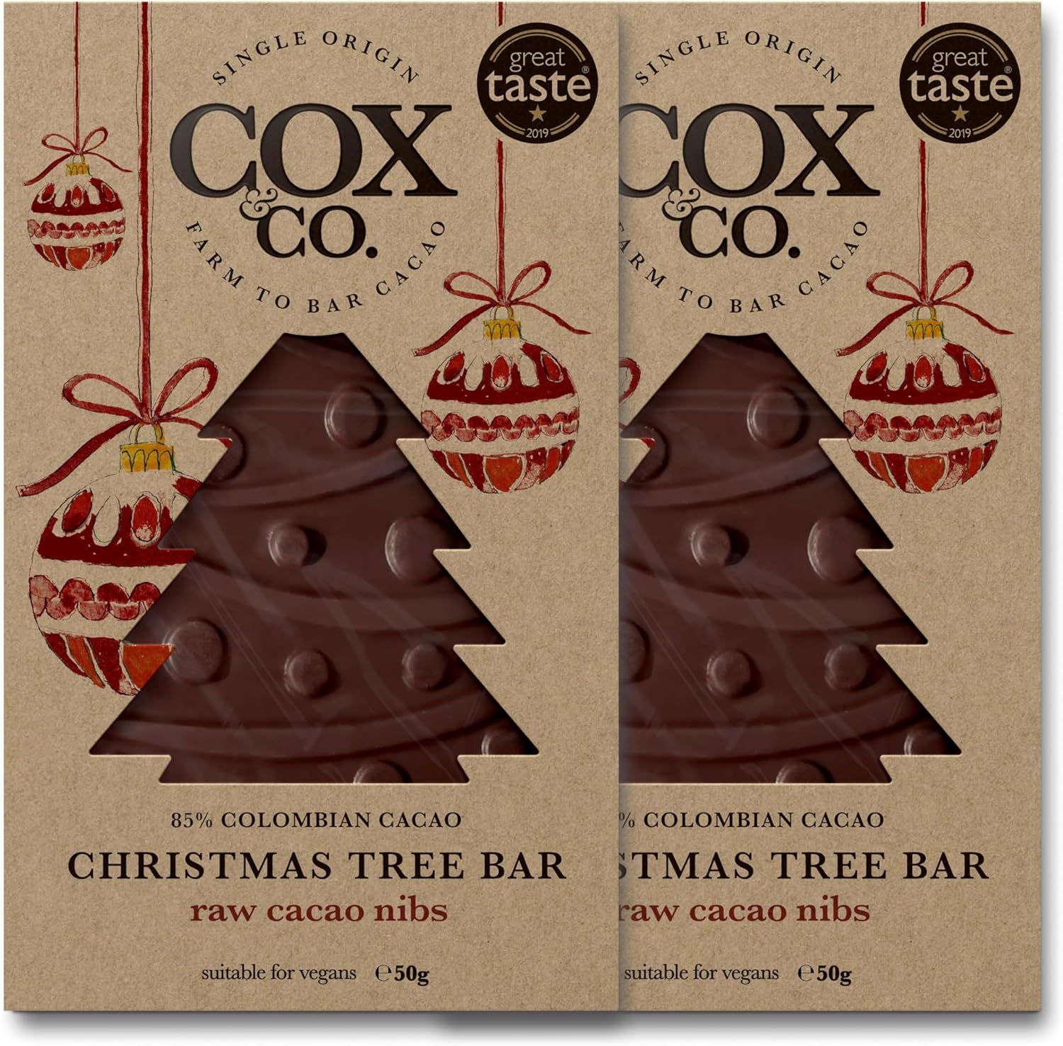Cox&Co. Christmas Chocolates - 2 x 50g Raw Cacao Nibs 85% Dark Chocolate Christm...