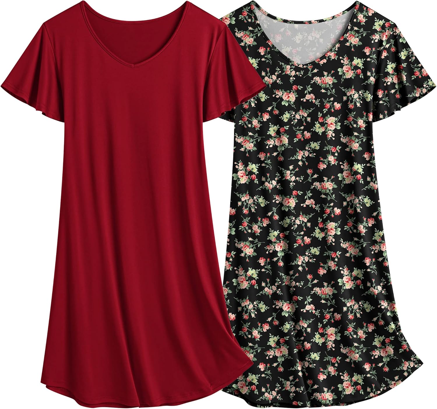 Ekouaer 2 Pack Nightgowns for Women Flare Short Sleeve Sleepshirt V Neck Sleepwe...