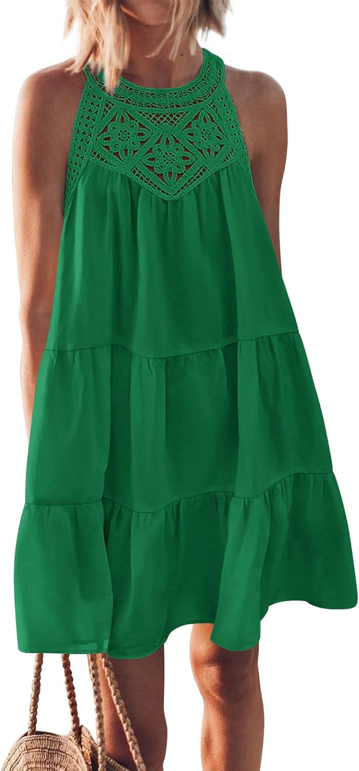BTFBM Women's Summer Hollow Out Halter Dresses Casual Sleeveless A-Line Tiered S...