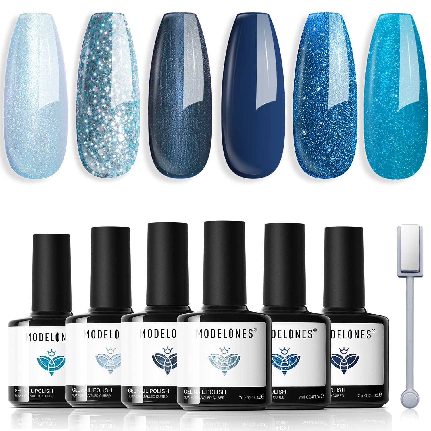 modelones Gel Nail Polish Set 6 Colors Blue Glitter Galaxy Dark Blue 9D Cat Eye...