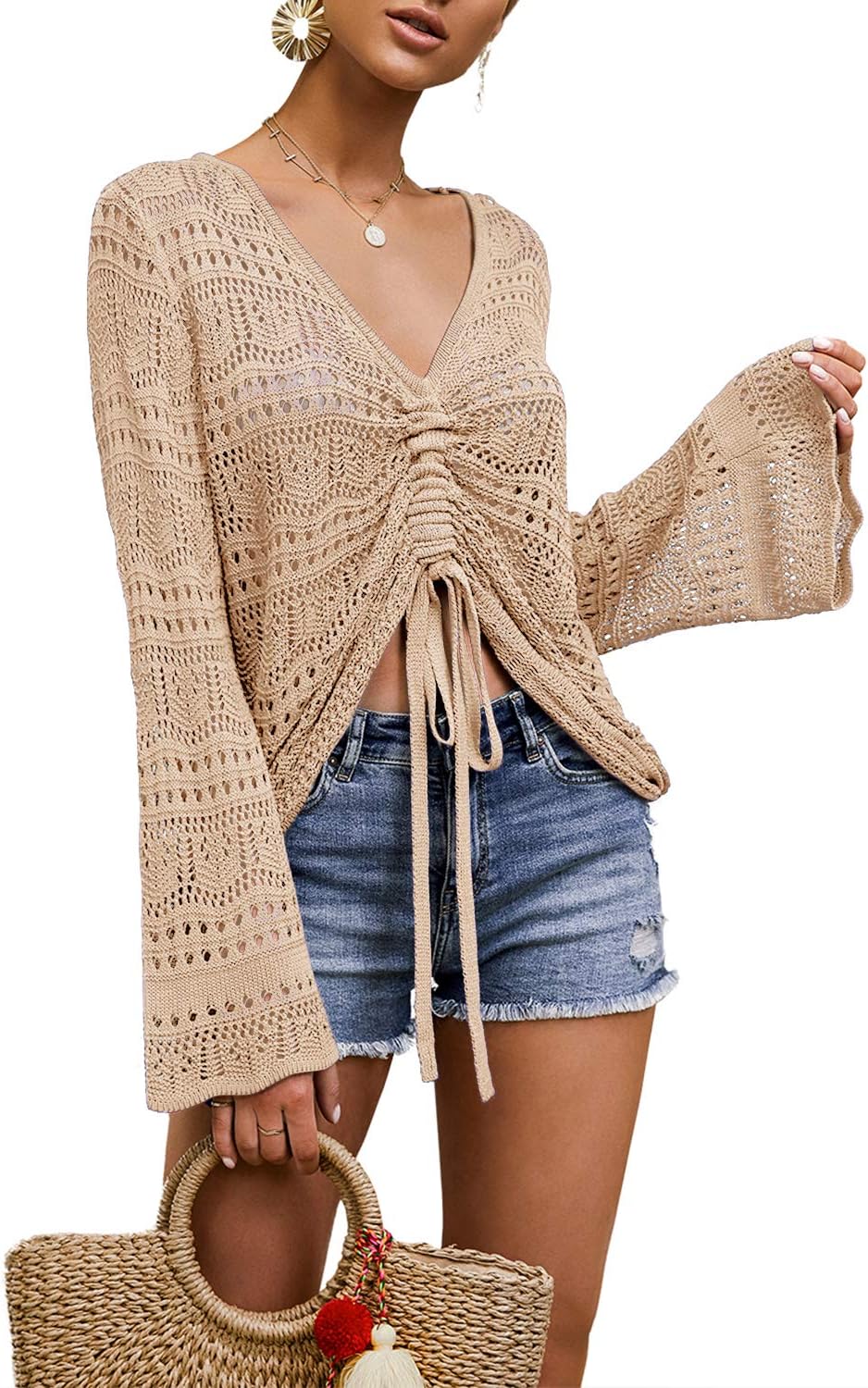 FERBIA Women Crochet Top Beach Cloth Drawstring Shirt Cover Up Oversized Sexy Be...