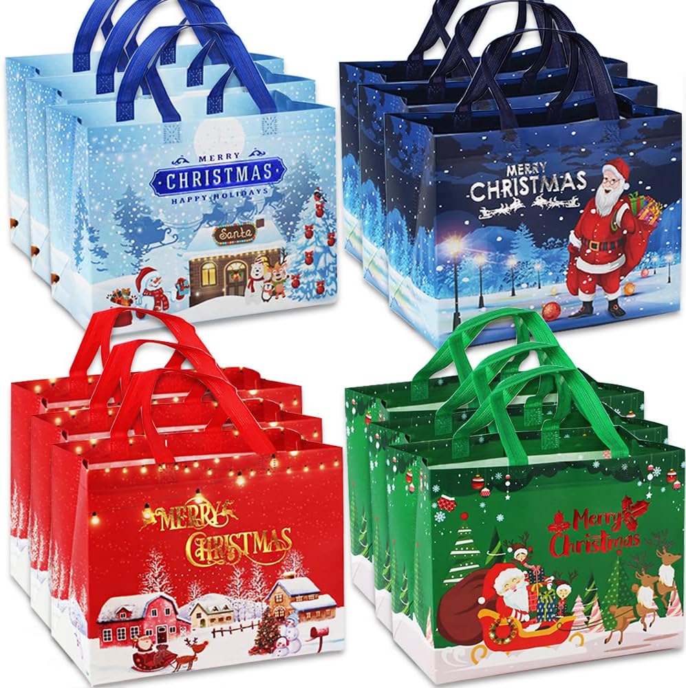 12 Pack Christmas Bags, Reusable Grocery Bag Tote Bag Gift with Handle Gift Pres...