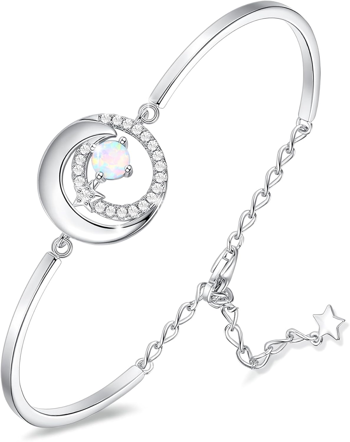 FANCIME Birthstone Bracelets 925 Sterling Silver Moon and Star Bangle Charm Brac...