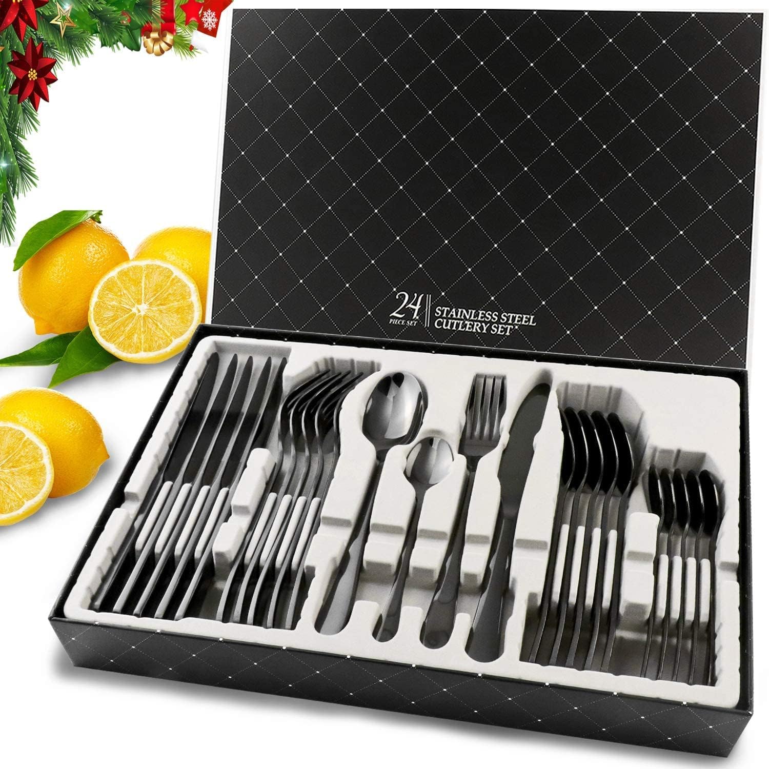 Black Cutlery Set, 24 Piece Flatware Set Stainless Steel Silverware Set 6 People...