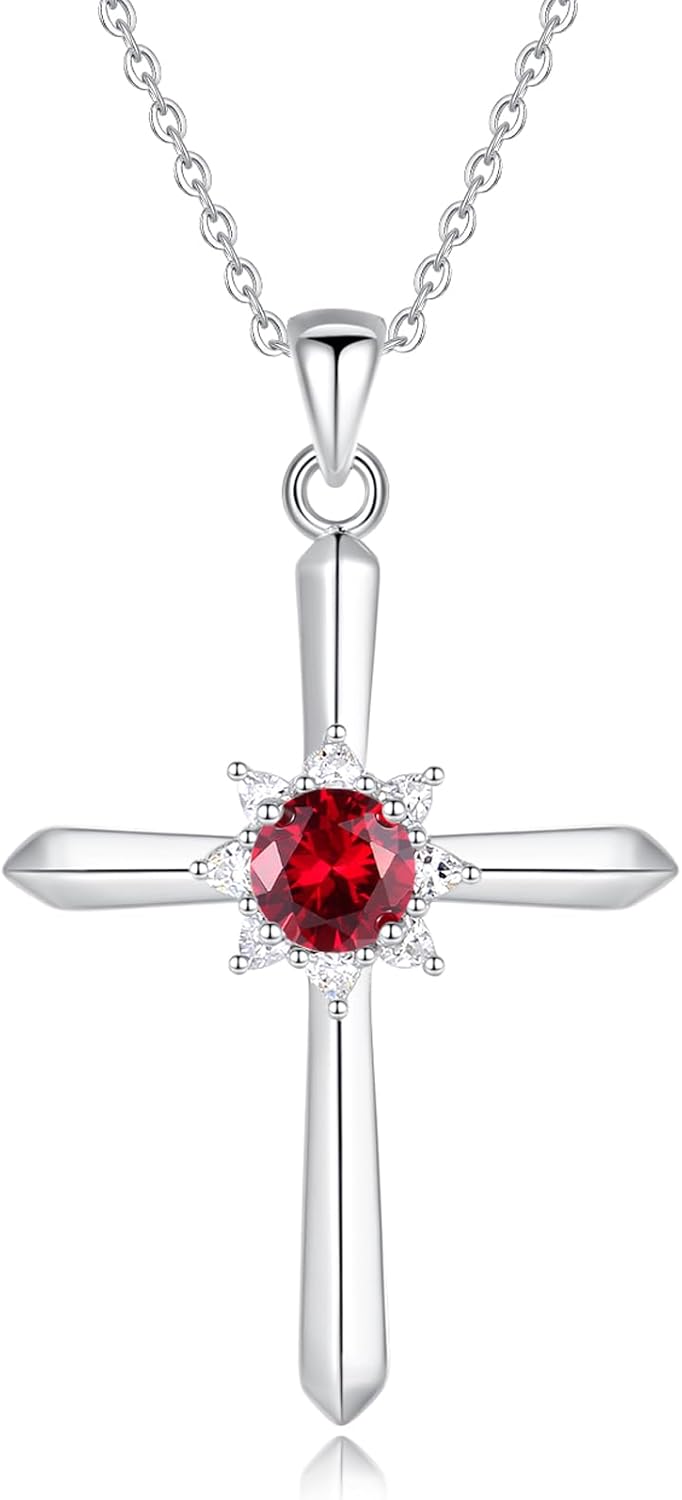 FANCIME Birthstone Cross Necklace for Women Sterling Silver Birthstone Necklace...