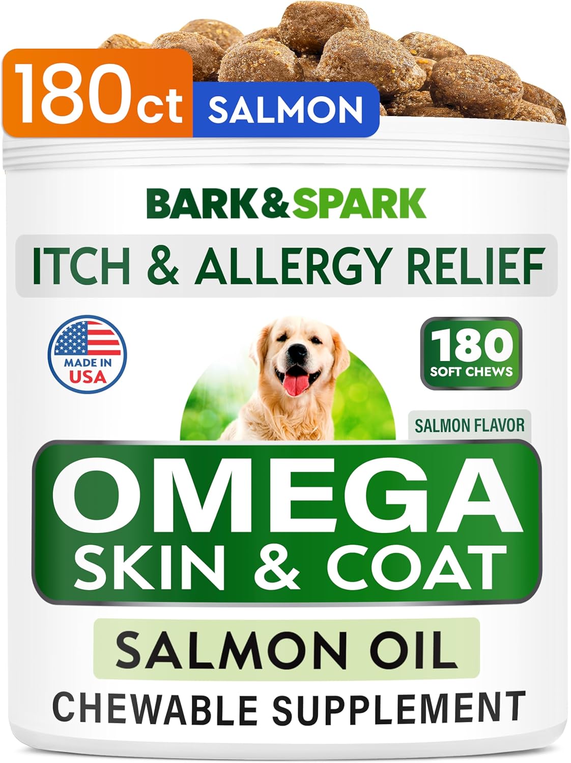 BARK&SPARK Omega 3 for Dogs - 180 Fish Oil Treats for Dog Shedding, Skin Allergy...