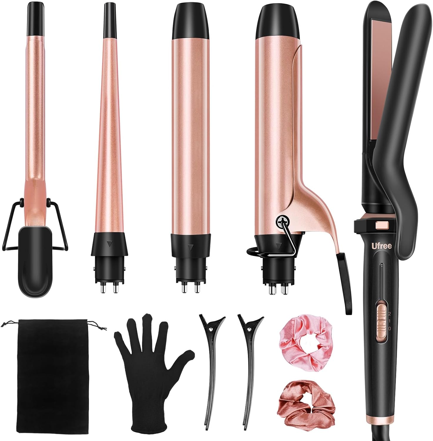 Ufree 5 in 1 Curling Iron with Interchangeable Ceramic Barrels (0.35"-1.25"), Cu...