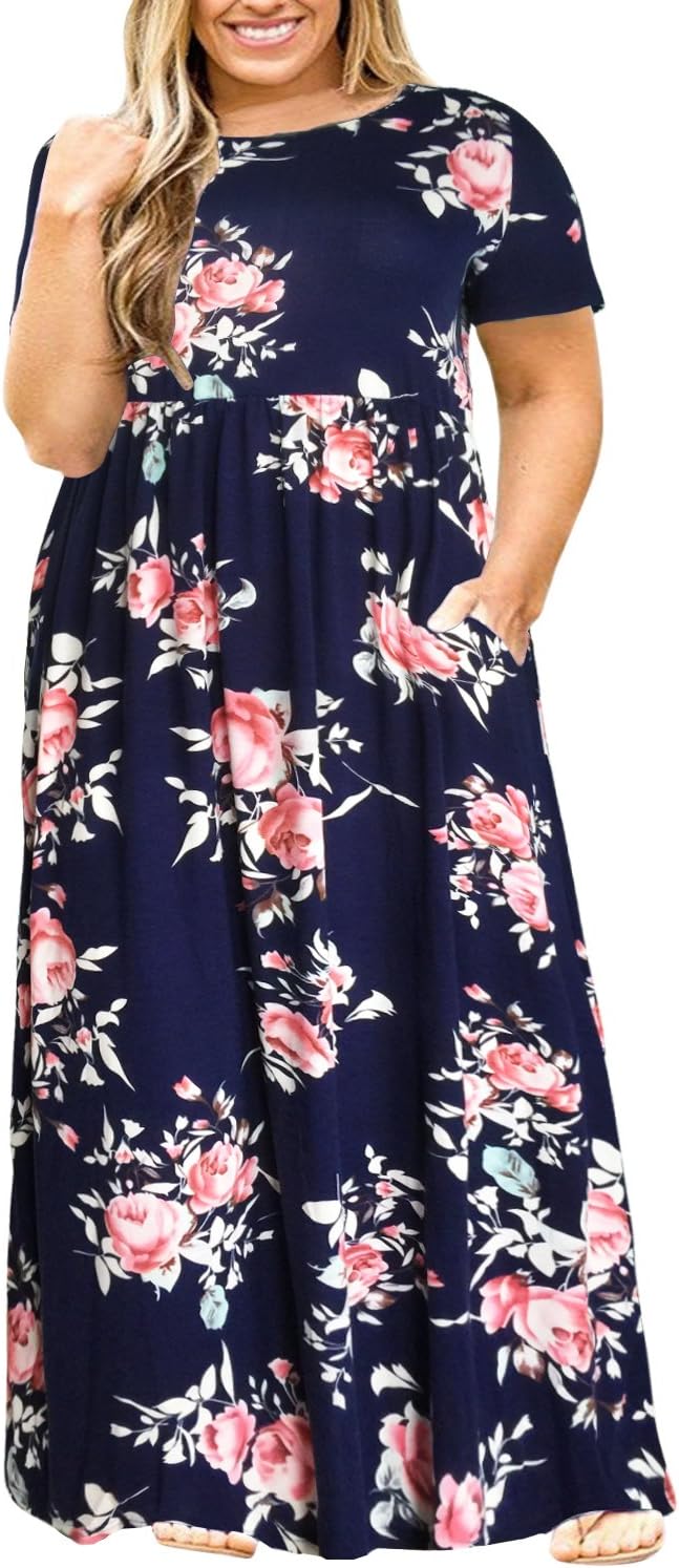 Nemidor Women Short Sleeve Loose Plain Casual Plus Size Long Maxi Dress with Poc...
