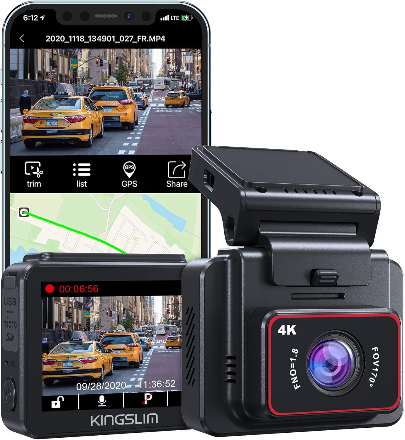 Kingslim D5-4K Dash Cam with WiFi - Front Dash Cam...