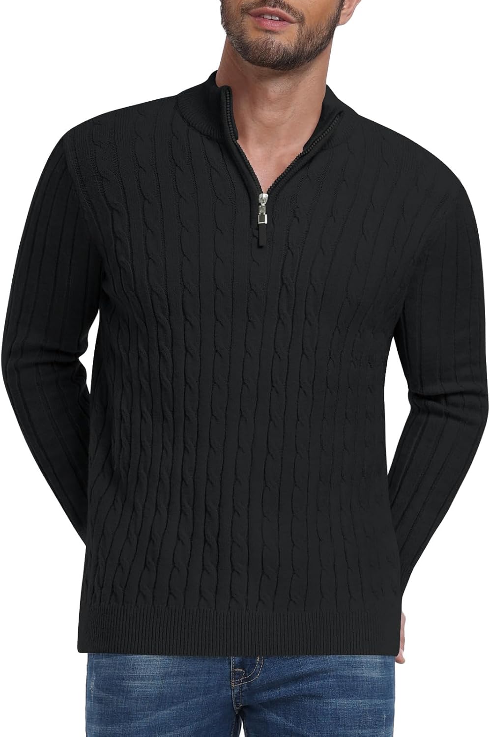 Men's Quarter Zip Sweater Slim Fit Thick Mock Neck Pullover Casual Polo Sweaters...