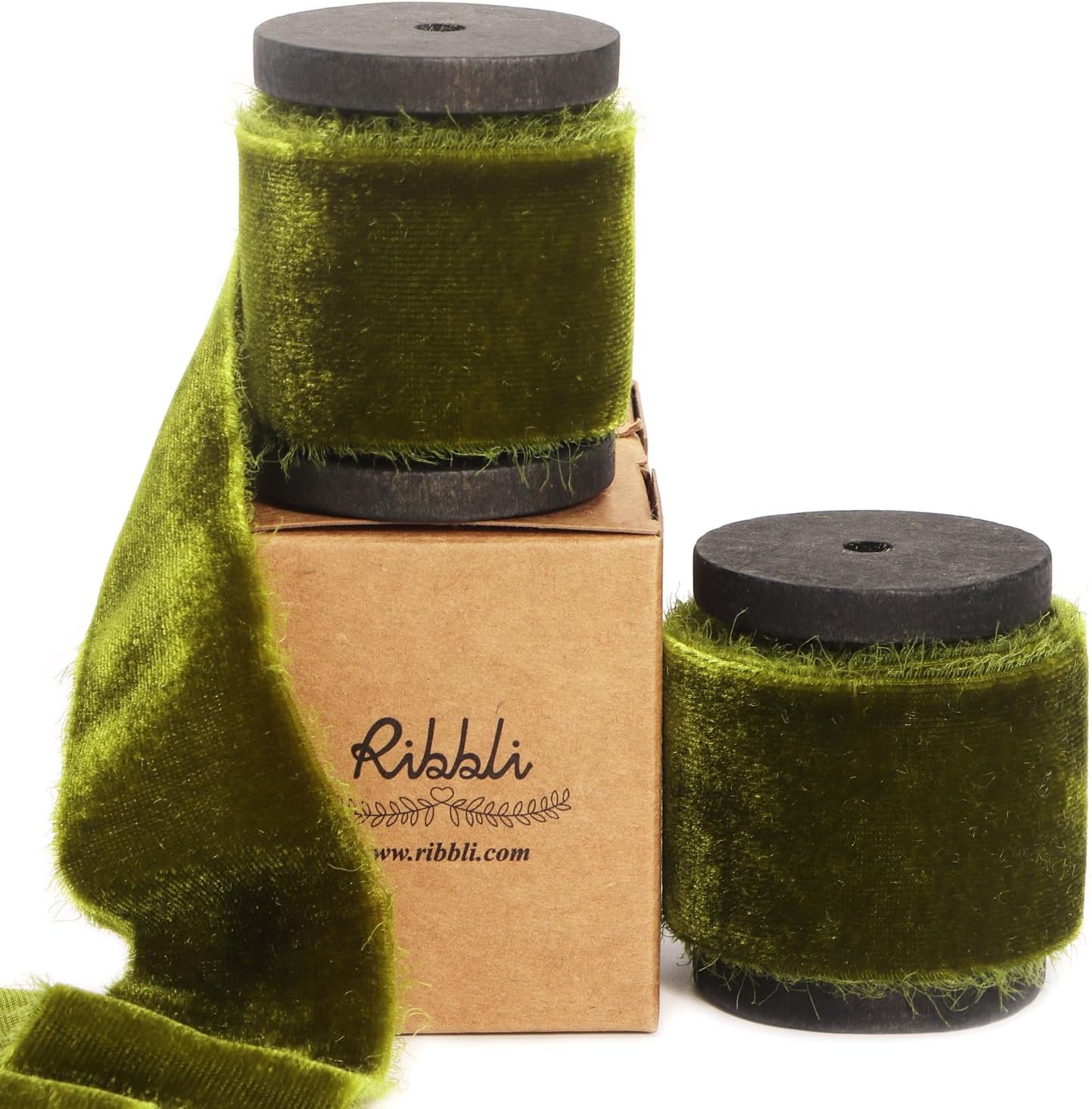 Ribbli Moss Green Velvet Ribbon 1.5 Inch Handmade Frayed Vintage Christmas Ribbo...