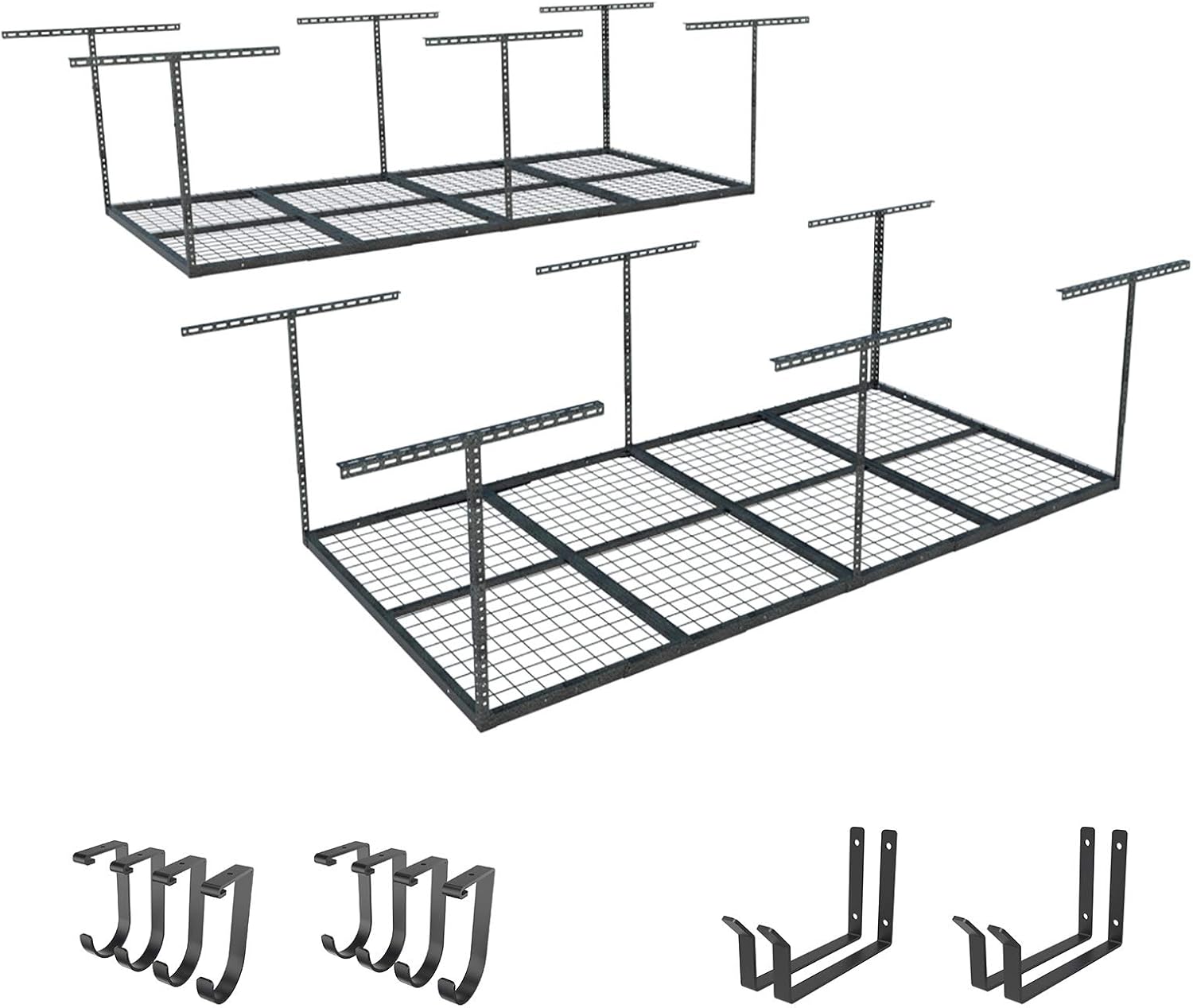FLEXIMOUNTS 2-Piece Overhead Garage Storage Rack Set w/Hooks Adjustable Ceiling...
