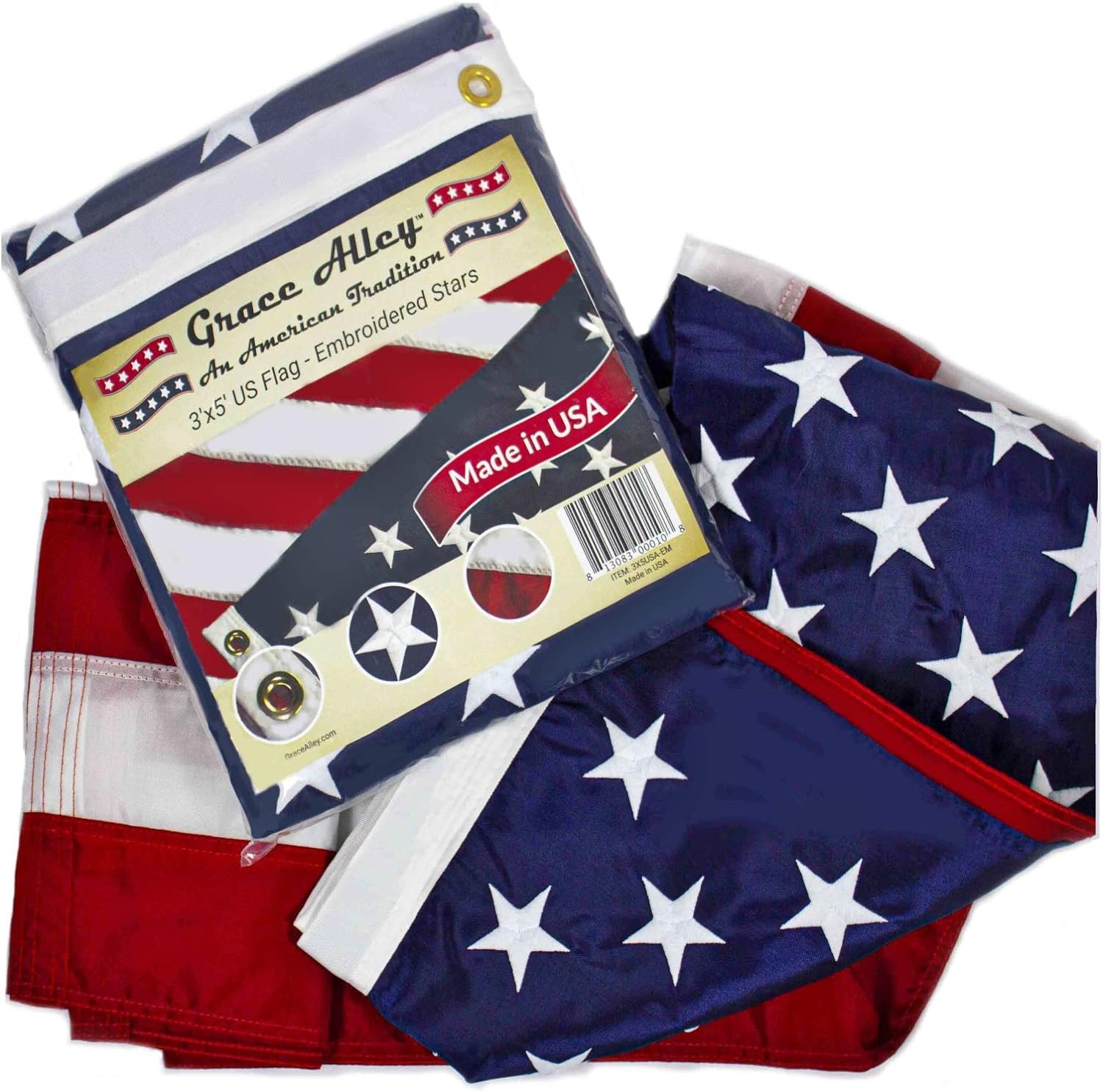 Grace Alley American Flag: 3x5 FT US Flag - 100% Made in USA. Embroidered Stars,...