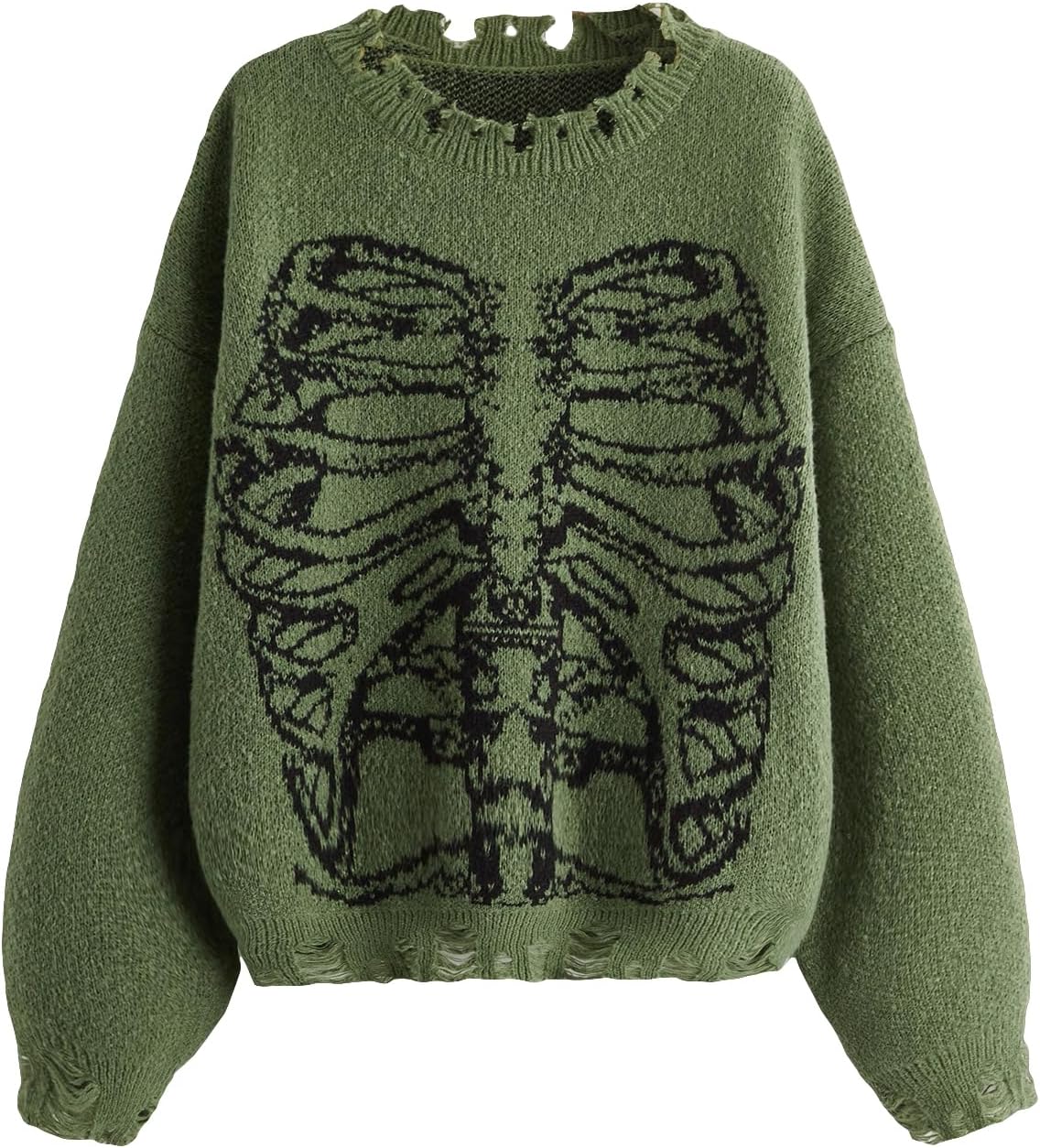SHENHE Women's Oversized Skeleton Pattern Ripped Round Neck Sweater Pullover X-L...