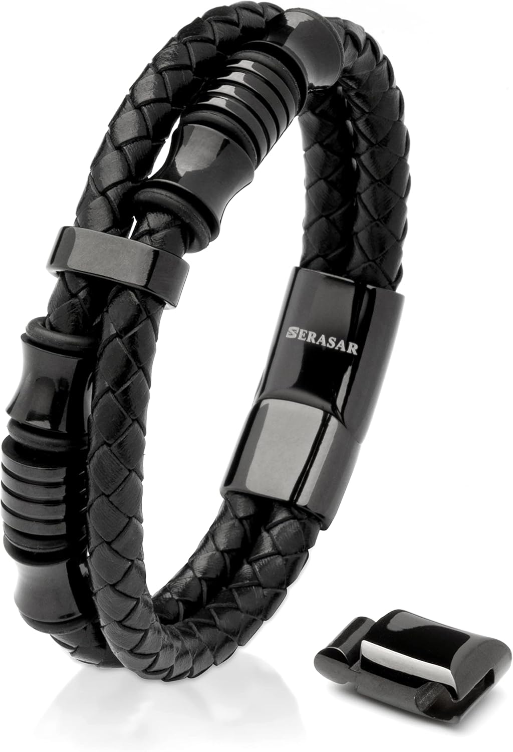 SERASAR Premium Leather Bracelet for Men - Magnetic Stainless Steel Clasp in Bla...