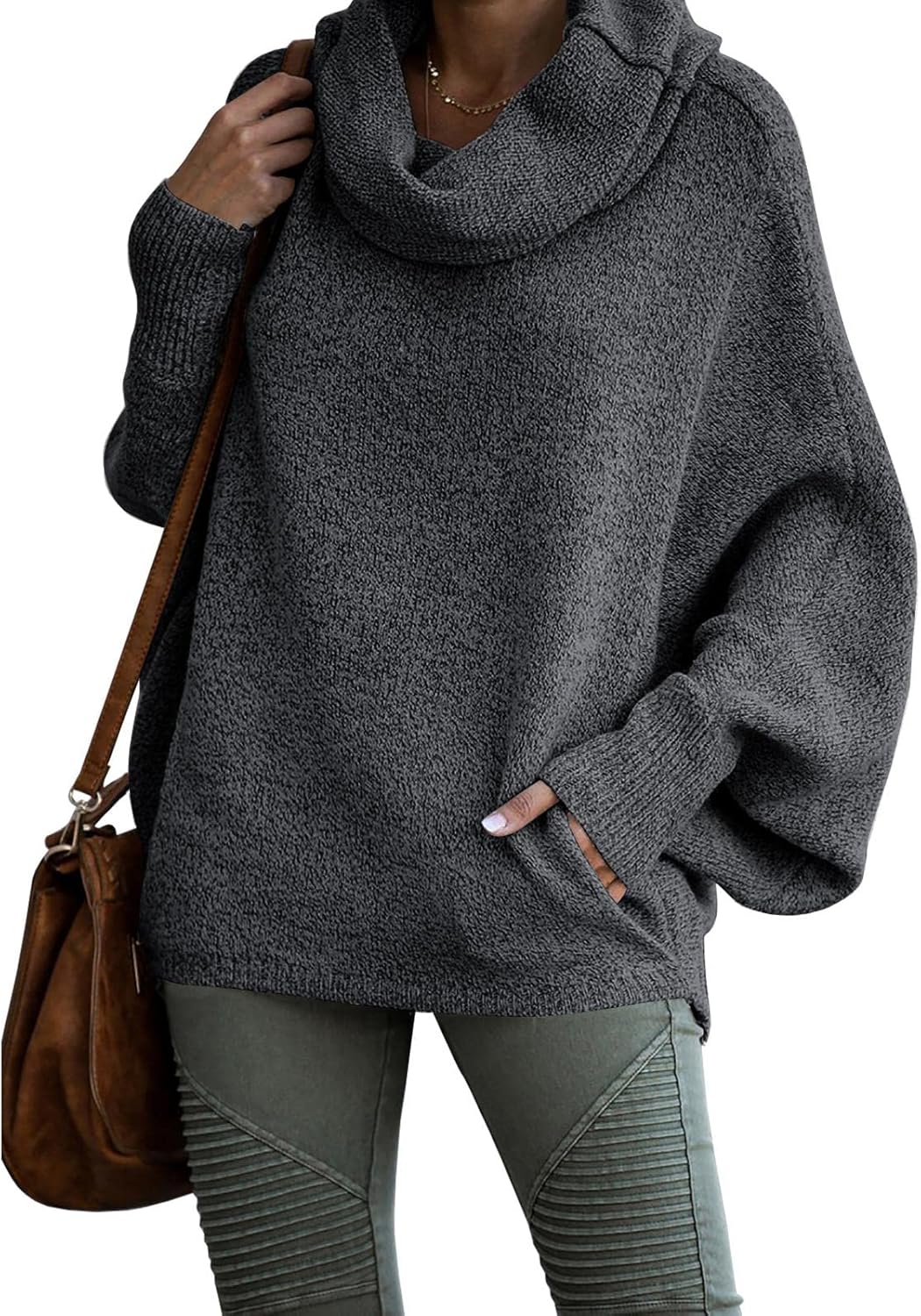 Womens Cowl Neck Pullover Sweaters with Pockets Lantern Long Sleeve Knit Casual...