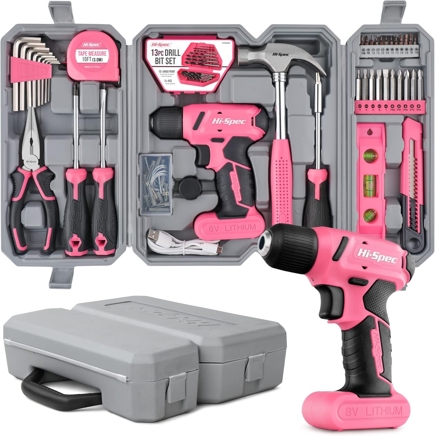 Hi-Spec Drill Set 58pc Pink Tool Set 8V USB Electric Drill Driver & Household To...