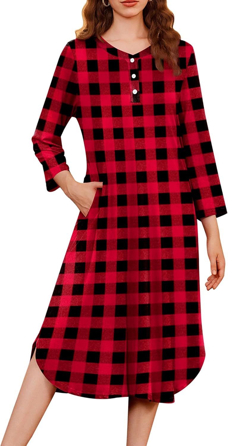 Ekouaer Womens Long Nightgowns Plaid Sleepwear Soft Loose Nightshirt 3/4 Sleeve...