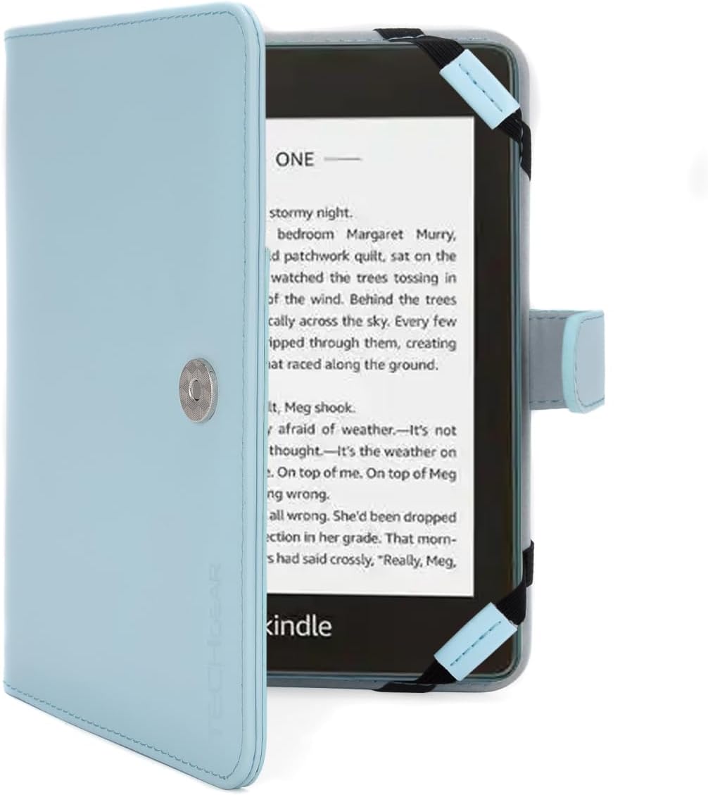 TECHGEAR BABY BLUE Kindle PU Leather Folio Case Cover With Magnetic Clasp + Scre...