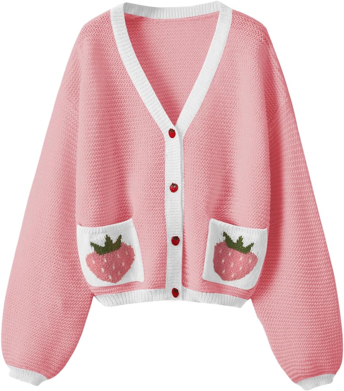 SHENHE Women's Strawberry Pattern Open Front Bishop Sleeve Casual Cardigan X-Lar...
