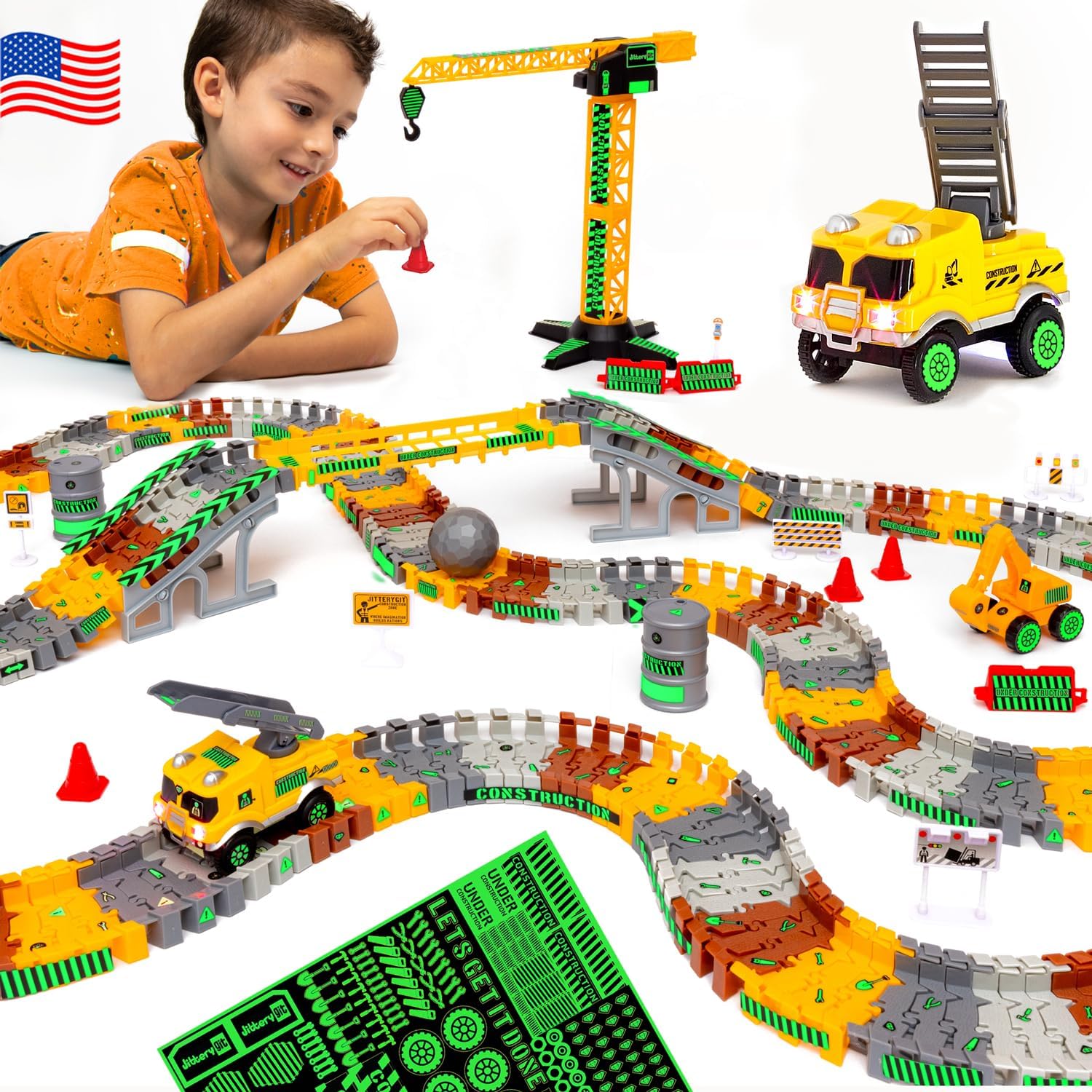 JITTERYGIT Construction Race Track Site Toy - Including Sandbox Vehicles, Trucks...