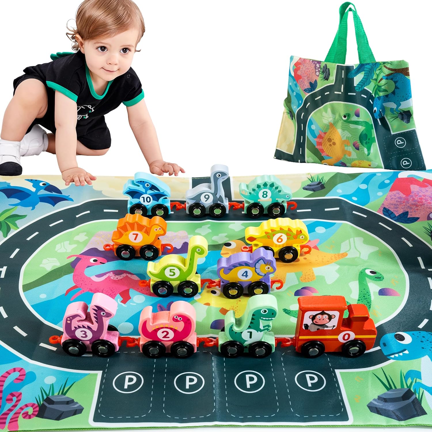 HELLOWOOD Dinosaur Toys for Toddlers Age 2-4, Wooden Dinosaur Train Set with Pla...