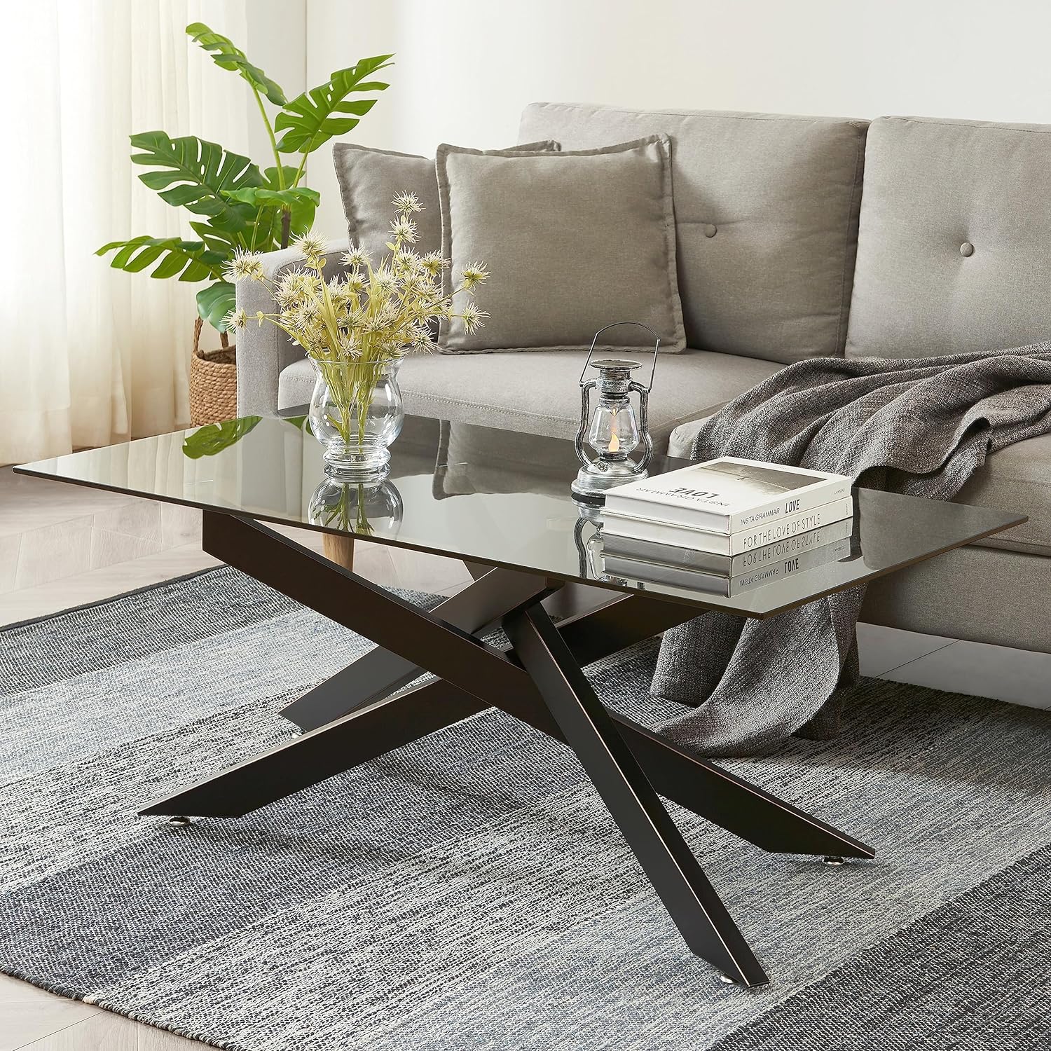 Rectangle Modern Coffee Table, Gray Tempered Glass Table Top, Black Metal Tubula...