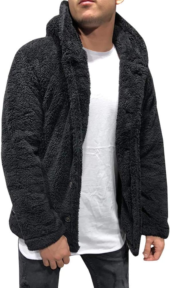 PASLTER Mens Fuzzy Sherpa Jacket Fluffy Fleece Open Front Cardigan Button Down C...