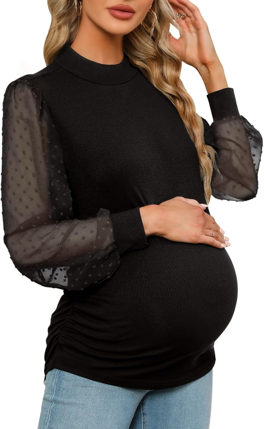 Women's Maternity Shirt Long Sleeve Top Swiss Dot Mock Neck Ribbed Knit Striped...