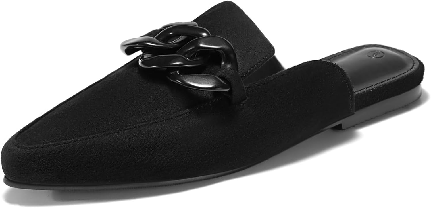 Juliet Holy Womens Mules Flats Pointed Toe Backless Loafers Slip on Metal Chain...