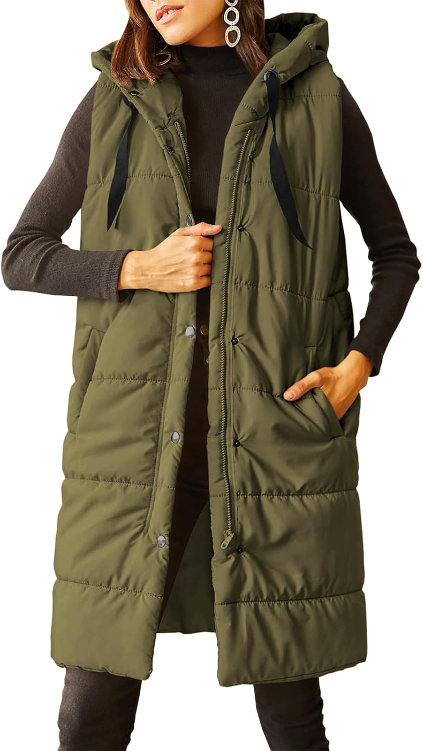 Grlasen Women's Long Quilted Puffer Vest Sleeveless Hooded Button Down Padded Co...