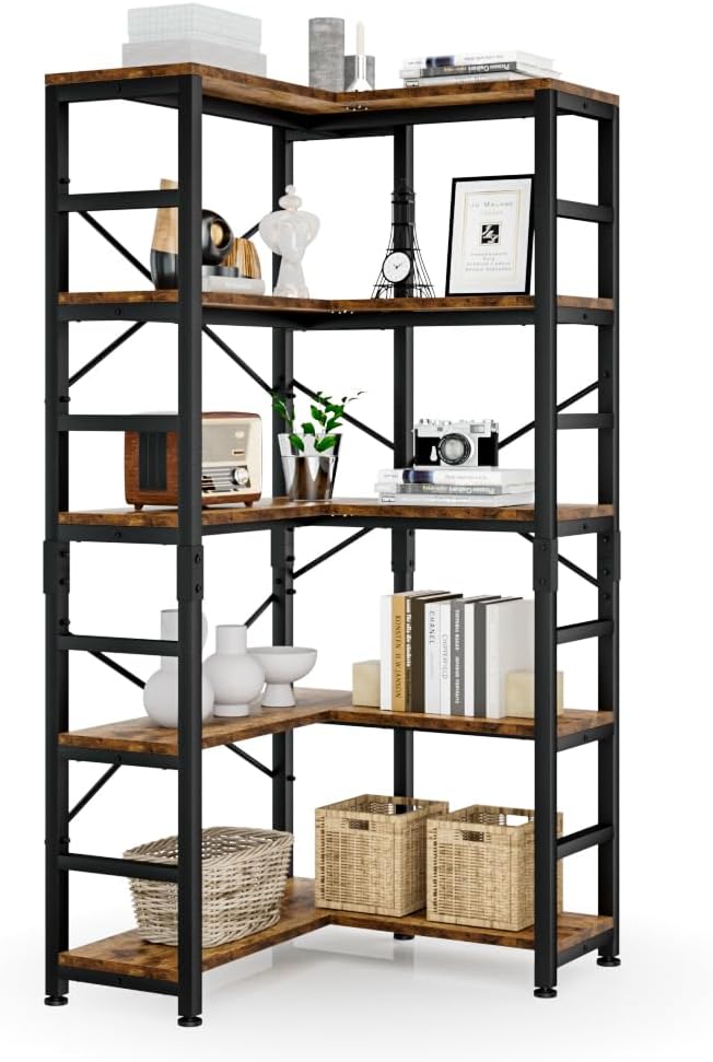 NUMENN 5 Tier Corner Bookshelf, Modern Corner Bookcase, Large Open Shelf Bookcas...