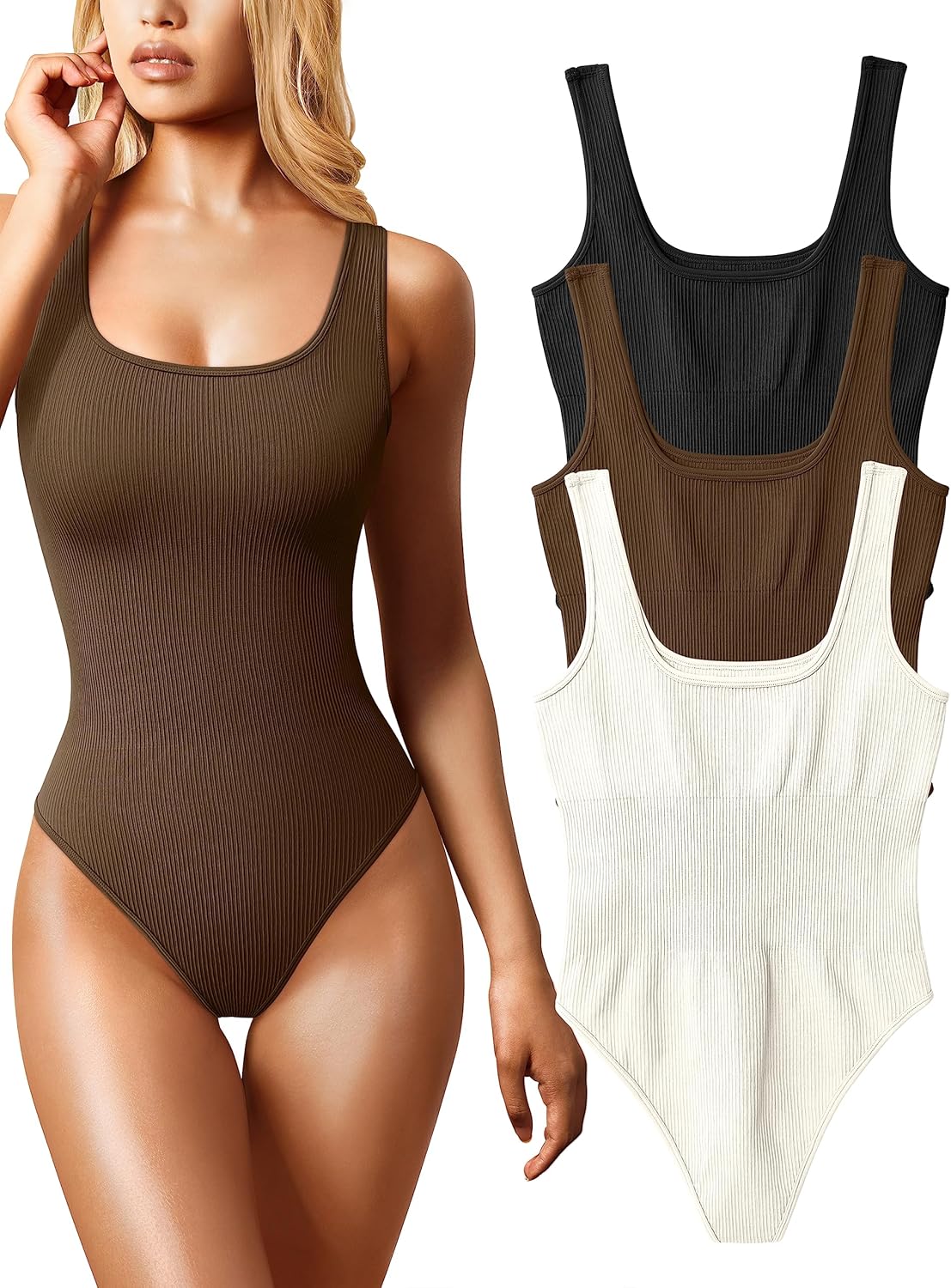 OQQ Women's 3 Piece Bodysuits Sexy Ribbed Sleeveless Square Neck Sleeveless Tank...