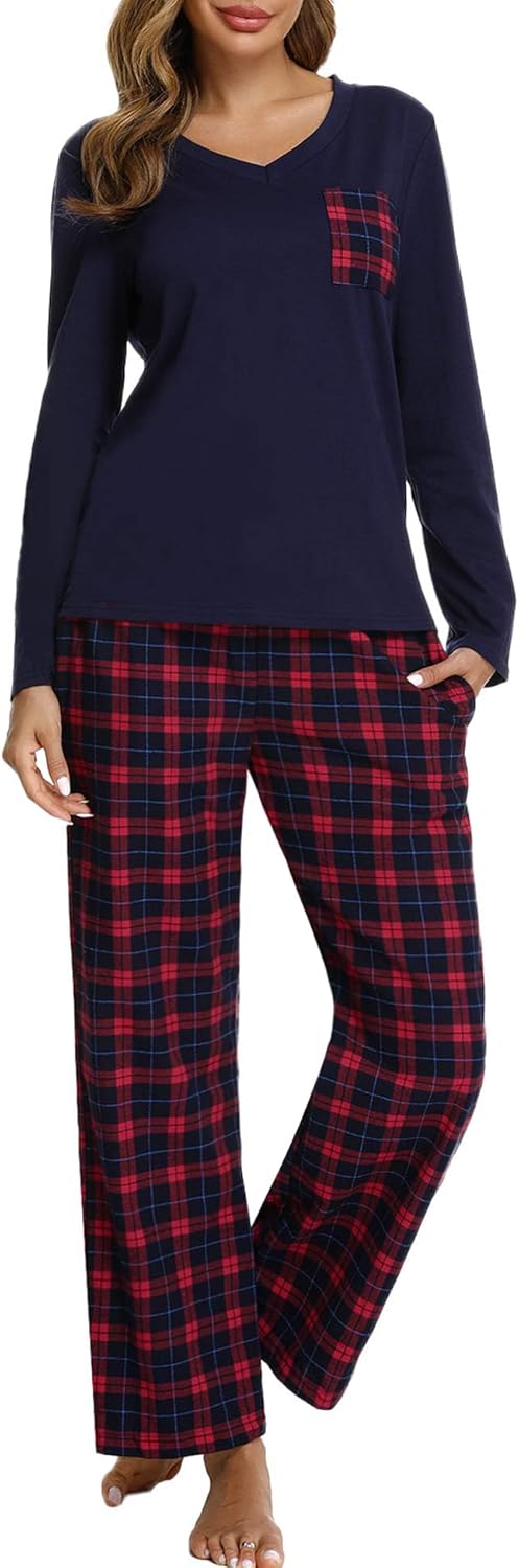 iClosam Women's Pyjamas Set Cotton Checked Loungewear Pjs Soft Warm Nightwear 2...