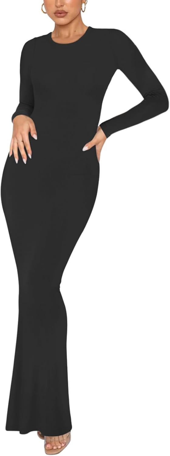 REORIA Women's Sexy Crew Neck Lounge Long Dress Elegant Long Sleeve Ribbed Bodyc...