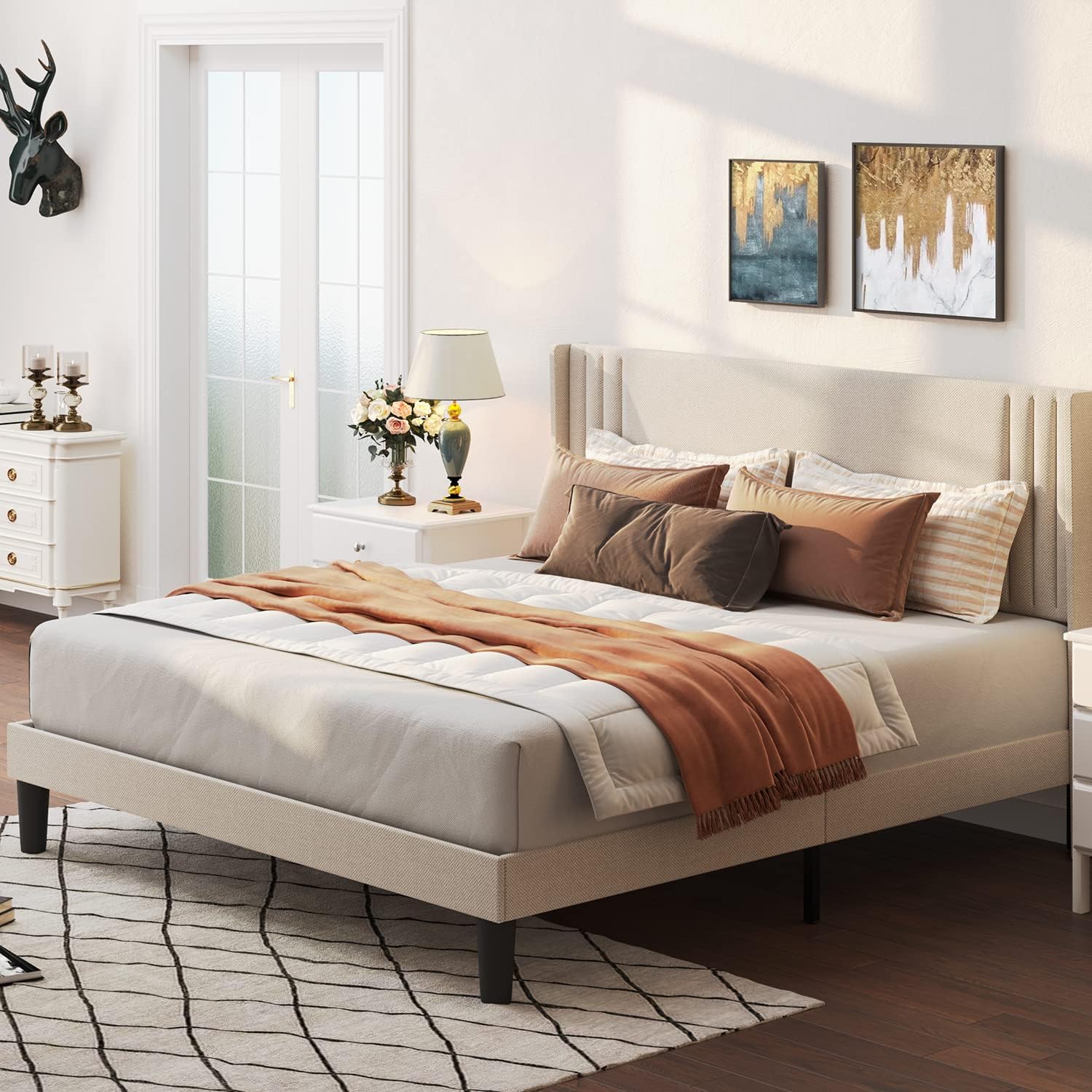Gizoon Full Bed Frame with Wingback Headboard, Upholstered Platform Bed with Mod...