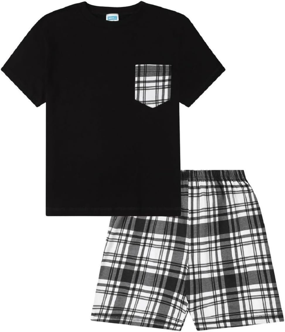 Boys Black and White Short Tartan Check Shorts Pyjama Set Pjs For Kids 12-13 Yea...