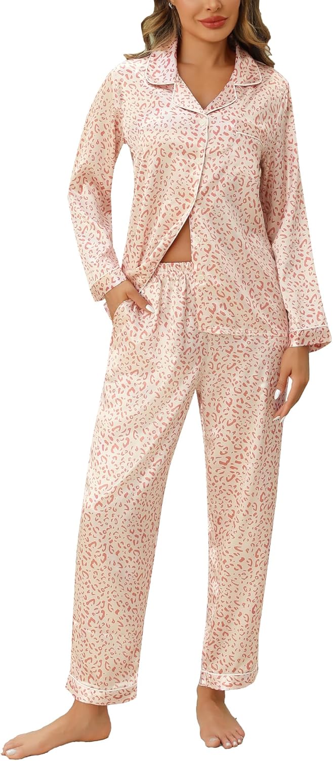 Anjue Silk Satin Pajamas Set Women's Long Sleeve Sleepwear Soft Pjs Set Two Piec...